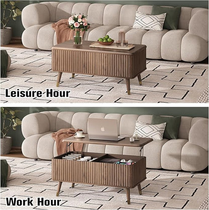 SULIVES Lift Top Coffee Table with Storage,Fluted Coffee Table with Lifting Top,Mid Century Modern Center Table with Solid Wood Legs,Small Coffee Tables for Living Room,Walnut