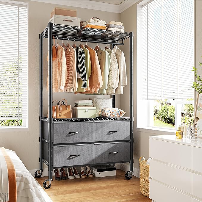 Raybee Clothes Rack Heavy Duty Clothing Rack with Rolling Wheels & 4 Drawers, Clothing Racks for Hanging Clothes with Drawers, Black