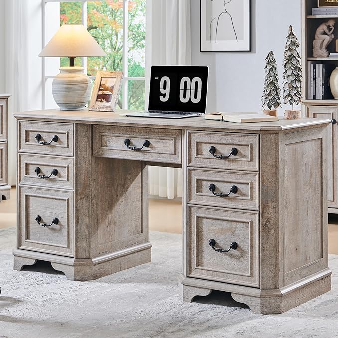 T4TREAM 59" Farmhouse Executive Desk with Drawers,Wood Home Office Computer Desk, Featuring Keyboard Tray,Charging Station,File Drawer, Storage Cabinet,for Work and Study (Light Rustic Oak)