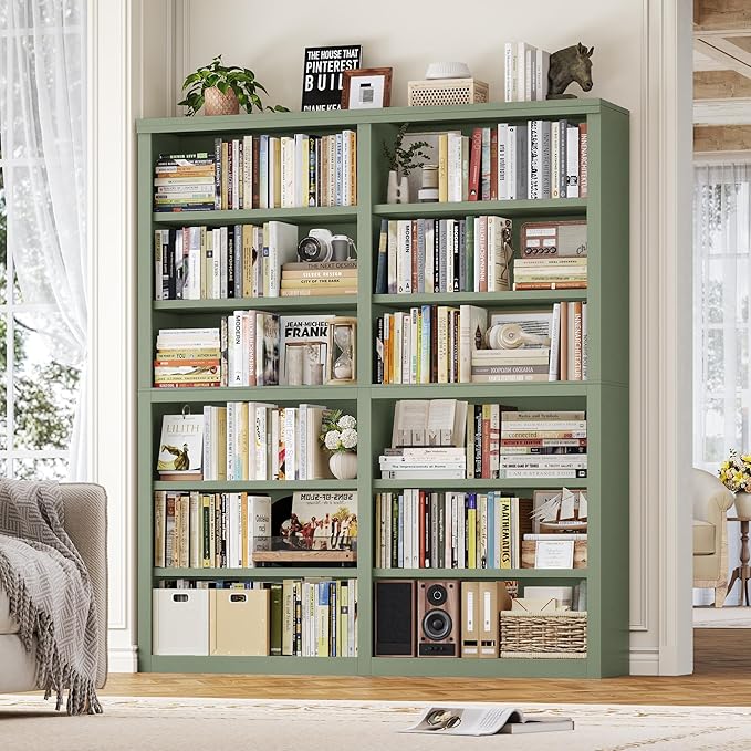 HOSTACK 63" W Open Book Shelf, 73" Tall Bookshelf with Storage, Modern Green Bookshelf, Large Bookcase with 12 Display Shelves, 6 Tier Wooden Book Case for Living Room, Home Office, Library, Green