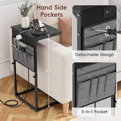 Vagusicc C-Shaped End Table Set of 2 with Charging Station, Small Side Table for Couch, Adjustable Height Couch Side Table, Slide Under Sofa Table TV Tray Tables for Living Room,Bedroom,Bedside, Black