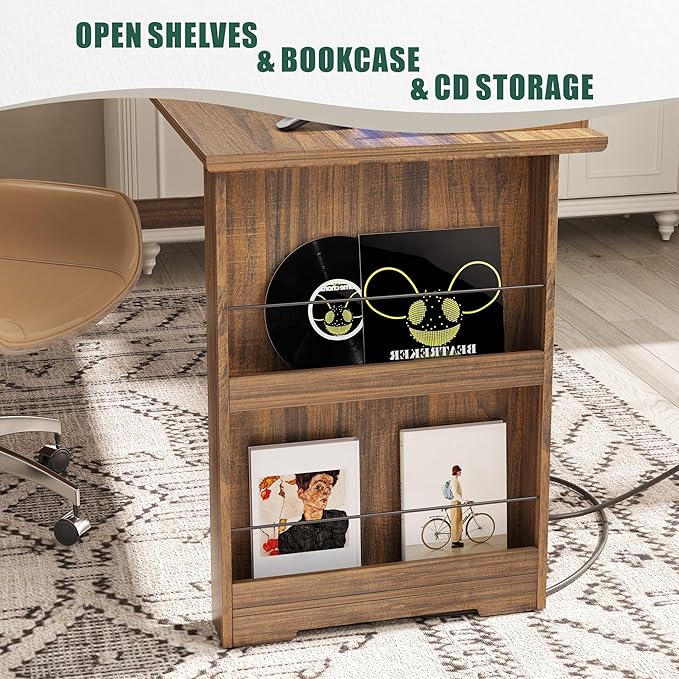FREDEES L Shaped Desk with Movable Stand and Led Lights, 59 inch Farmhouse Home Office Desk with File Drawer, Corner Computer Desk with Power Outlets, Executive Desk for Working,Gaming, Walnut