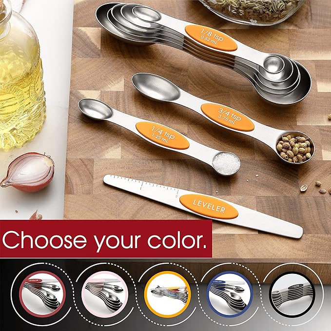 Spring Chef Stainless Steel Magnetic Measuring Spoons Set of 8 with Leveler, Dual Sided Metal Teaspoon & Tablespoon Measuring Spoons, Kitchen Gadgets for Baking & Cooking, Fits in Spice Jars - Mango