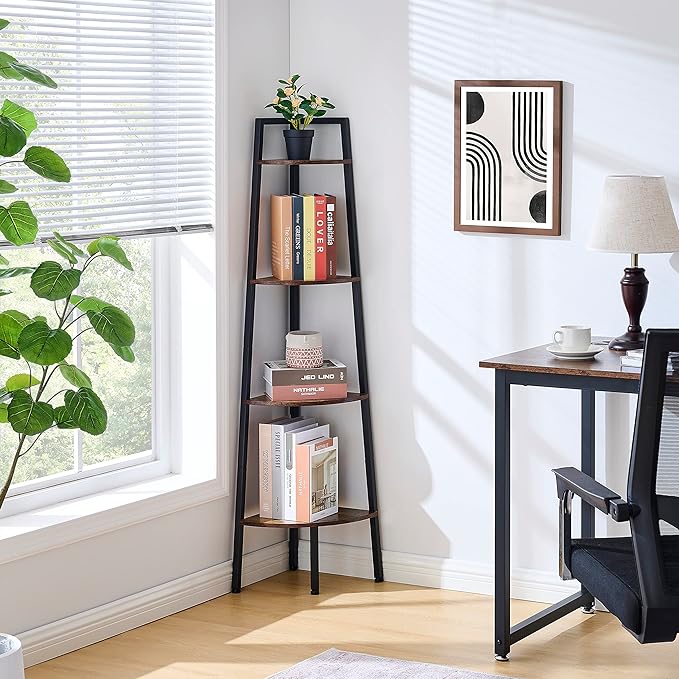 Hoctieon Corner Shelf, 4-Tier Corner Bookshelf, Rustic Ladder Shelf, Industrial Display Stand for Living Room, Kitchen, Home Office, Balcony, Small Space, Metal Frame, Rustic Brown