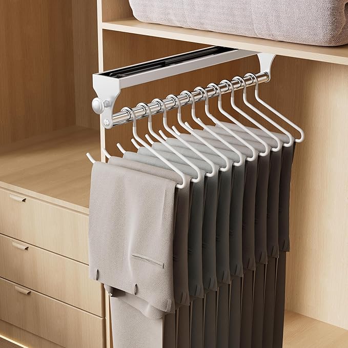 2 Pack Pull Out Closet Rod, 13.7inch Heavy Duty Pants Rack, Adjustable Clothes Hanger Rail, Space Aluminum Valet Rod, Top Mounted Wardrobe Clothes Organizer, Closet Storage for Trousers Coats White