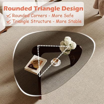Modern Coffee Table for Living Room and Small Spaces, 35.6" x 25.4" x 15.8" Triangle Tempered Glass Table Top and Solid Wood Base, Walnut
