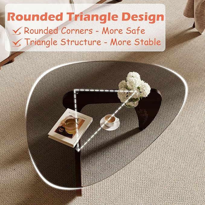 Modern Coffee Table for Living Room and Small Spaces, 43.3" x 29.5" x 15.8" Triangle Tempered Glass Table Top and Eco-Friendly Solid Wood Base, Walnut