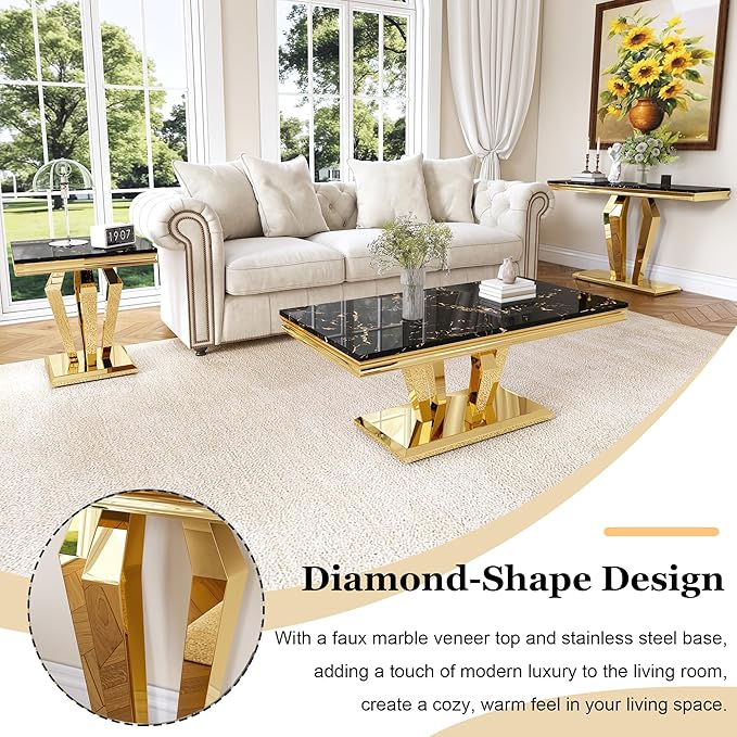 Living Room Coffee Table Set of 3, Modern Marble Coffee, End Side and Console Table, 3-Piece Living Room Table Set with Stainless Steel Base for Living Room (Gold,Black)