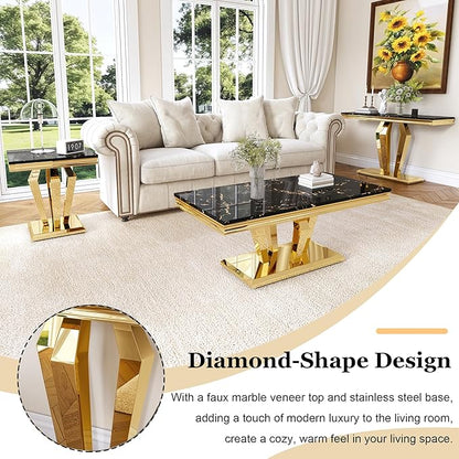 Living Room Coffee Table Set of 3, Modern Marble Coffee, End Side and Console Table, 3-Piece Living Room Table Set with Stainless Steel Base for Living Room (Gold,Black)