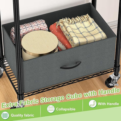 Clothes Rack with Drawers, Freestanding Rolling Garment Rack for Hanging Clothes, Closet Organizer Adjustable Metal Wire Shelving Wardrobe with Rods Portable Closet Shelf with Wheels, Black