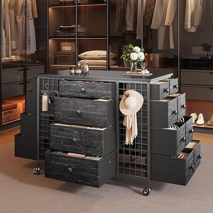 EnHomee 24 Drawers Black Dresser for Bedroom, Dressers & Chests of Drawers with 4 Wheels and 40“ * 23” Wide Wooden Top, Metal Frame, Organizer Island with Hooks for Bedroom, Cloakroom, Dressing Room