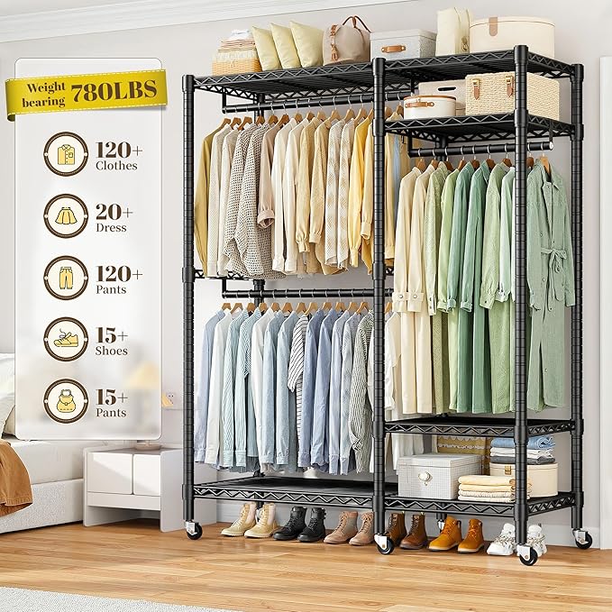 Raybee Portable Closet 780LBS, Heavy Duty Clothes Rack, Rolling Freestanding Clothing Rack with 3 Hanging Rods & 6 Shelves, Adjustable Wardrobe Closet Organizer System