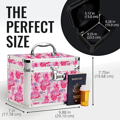 Vaultz Combination Lock Box - Secure Safe for Documents, Valuables, Medicine & Money - 10 x 7.25 x 7.75 Inch - Floral, Pink & Gray