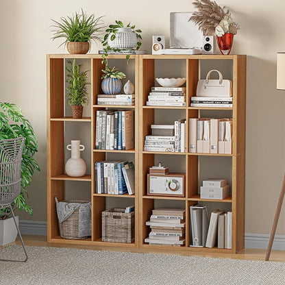 Cube Storage Organizer Bookcase, Decorative 11 inch Open Back Cubical Shelf with Thickened Border, Display Bookshelf for Living Room, Home Office, Sturdy Room (Natural Oak, 7 Cube)