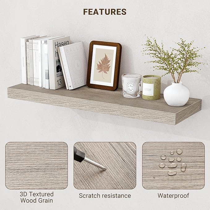 Acovy 48 Inch Floating Shelves, 3D Textured Wood Grain, 48"x9.25"x1.5" Inch Deep Floating Shelves for Wall, Wooden Shelves for Bathroom, Bedroom, Living Room, Vintage Gray Oak, 1 Piece
