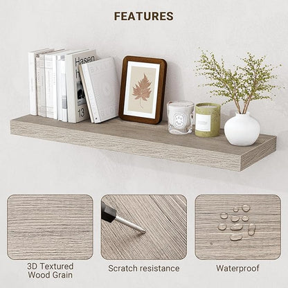 Acovy 36 Inch Floating Shelves, 3D Textured Wood Grain, 36"x9.25"x1.5" Inch Deep Floating Shelves for Wall, Wooden Shelves for Bathroom, Bedroom, Living Room, Vintage Gray Oak, 2 Pieces