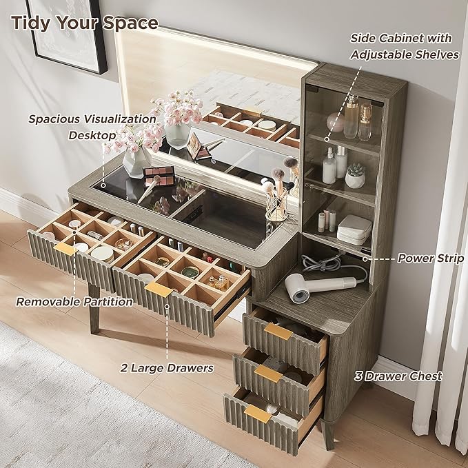 RedLemon 48" Fluted Vanity Desk with 36" Large HD Mirror and Lights, Modern Wood Glass Tabletop Makeup Table with Adjustable Storage Shelves, 5 Drawers, Charging Station for Bedroom, Alder Grey