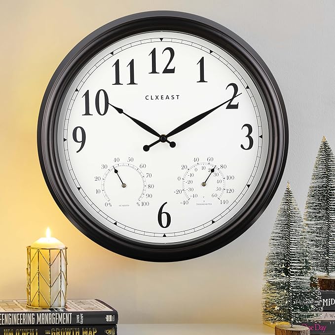 CLXEAST Outdoor Clocks for Patio Large Waterproof with Thermometer,18 inch Outdoor Wall Clock with Temperature and Humidity Combo,Weatherproof,Oil Rubbed Bronze