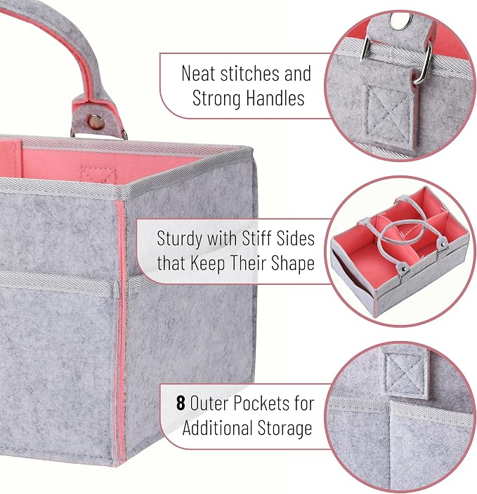 Mr. Pen- Baby Diaper Caddy Organizer, Gray, Pink Inside, Nursery Storage Bin and Car Organizer for Diapers and Baby Wipes