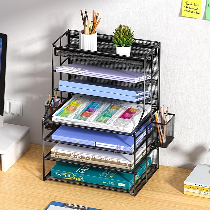 7 Tier Desk File Organizer,Metal Document Holder with Adjustable Shelves, Pull-Out Drawer & Removable Pen Holder for Office Organization,Black