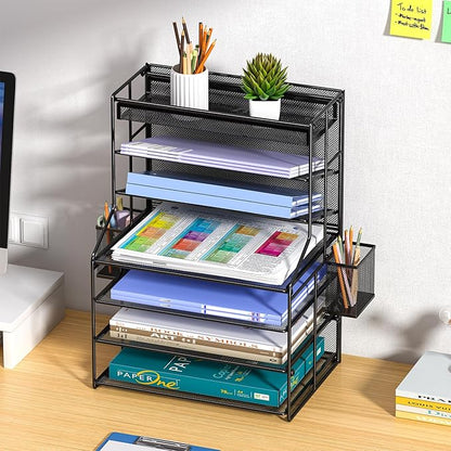 7 Tier Desk File Organizer,Metal Document Holder with Adjustable Shelves, Pull-Out Drawer & Removable Pen Holder for Office Organization,Black