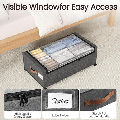 Yecaye 95 L Under Bed Storage with Wheels, 11 in Under Bed Storage Containers, Large Under Bed Shoe Storage with Lids, Rolling Underbed Storage bins for Clothes, Blankets, Gray
