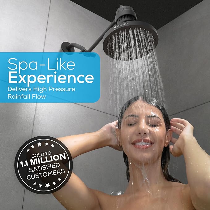 SparkPod Rain Shower Head, 8 Inch Square | High Pressure Shower Heads, 90 Nozzle (Touch-to-Clean), Adjustable Showerhead, No-tool Universal Connection