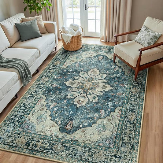 RELEANY Area Rugs 5'x8' Washable Non-Slip, Floral Vintage Distress Medallion Carpet for Living Room Bedroom Dining Room, Dark Blue Vintage