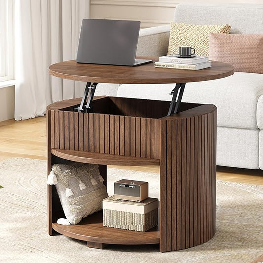 Decofy Round Lift Top Coffee Table with Storage, Fluted Mid-Century Modern Coffee Tables for Living Room, with Hidden Compartment & Open Shelves, for Small Spaces & Home Office(26.77" Walnut)