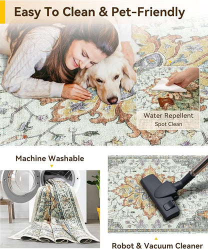 RELEANY Area Rugs Runner 3'x10' Washable Non-Slip, Floral Vintage Distress Medallion Carpet for Kitchen Hallway Bedroom Beside Laundry Room Bathroom, Beige Carbon Grey Orange