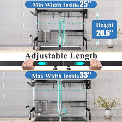 SAYZH Over the Sink Dish Drying Rack, Adjustable (25.5 to 33.5 inch) 2 Tier Metal Steel Dish Drying Racks for Kitchen Counter with Hooks Paper Towel Utensil Cup Holder Sink Caddy (Black)