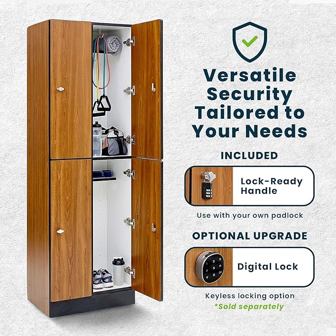 Alpine 4 Door Wooden Locker Cabinet - 72" Expandable Commercial Storage Lockers for Gym, Spa, Office & Golf Club - Includes Metal Base & Lock-Ready Handles, Double Column 2 Tier - Oak