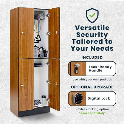 Alpine 4 Door Wooden Locker Cabinet - 72" Expandable Commercial Storage Lockers for Gym, Spa, Office & Golf Club - Includes Metal Base & Lock-Ready Handles, Double Column 2 Tier - Oak