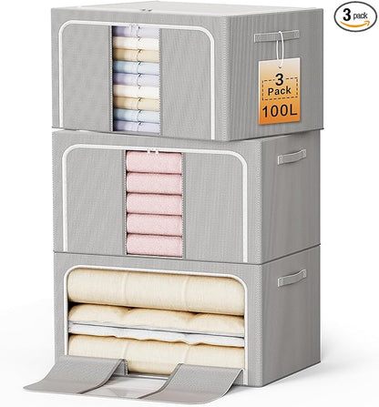 Clothes Storage Bins with Metal Frame Foldable Storage Box Clothes Organizers Storage Containers for Clothes Sheets Blankets Books Toys Gifts and Holiday Decorations (100Lx3 Pack)