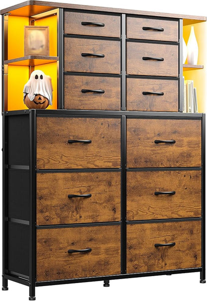 EnHomee Dresser with 12 Drawers & LED Lights, Dresser for Bedroom with 4 Open Storage Shelves, Fabric Dressers & Chests of Drawers, Metal Frame, Wood Top,45.2" H x 35.4" W x 11.8" D, Rustic Brown