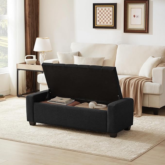 Huatean Home 48" Ottoman with Storage, Black Storage Ottoman Bench with Safety Hinge, Upholstered Entryway Bench with Seating for Bedroom, Living Room, Holds up to 330 lb