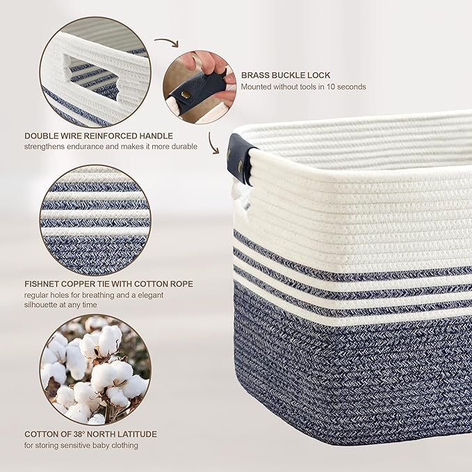 SunNewt 45L Small Laundry Basket with Leather Handles for Living Room Storage, Woven Rope Baskets Bin for Blanket, Kids Toy, Gifts, Wicker Hamper for Bedroom Dirty Clothes, 18"x14"x11" Denim Blue