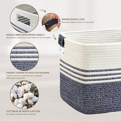 100L Extra Large Laundry Basket with Leather Handles for Living Room Storage,Woven Rope Baskets for Blanket,Kids Toy,Gifts,Wicker Hamper for Bedroom Dirty Clothes,24"x16"x16" Denim Blue