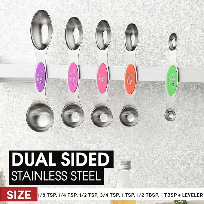 Spring Chef Stainless Steel Magnetic Measuring Spoons Set of 8 with Leveler, Nesting Metal Teaspoon & Tablespoon Measuring Spoons, Kitchen Gadgets for Baking & Cooking, Fits in Most Spice Jars - Neon