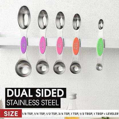 Spring Chef Stainless Steel Magnetic Measuring Spoons Set of 8 with Leveler, Nesting Metal Teaspoon & Tablespoon Measuring Spoons, Kitchen Gadgets for Baking & Cooking, Fits in Most Spice Jars - Neon