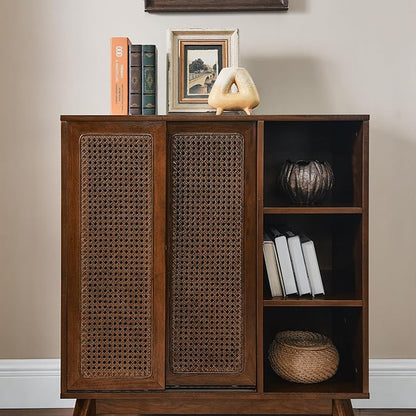 LKTART Mid Century Modern Storage Cabinet with Rattan Sliding Doors and Open Shelves, Boho Style Wooden Sideboard Buffet for Living Room,Dark Walnut