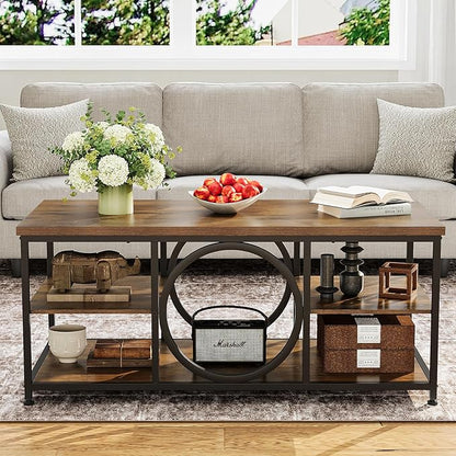 Coffee Table for Living Room 47" Center Table with Round Middle Design 3-Tier Farmhouse Style Rustic Wood Coffee Table with Storage Open Shelf Space Saving Easy Assembly