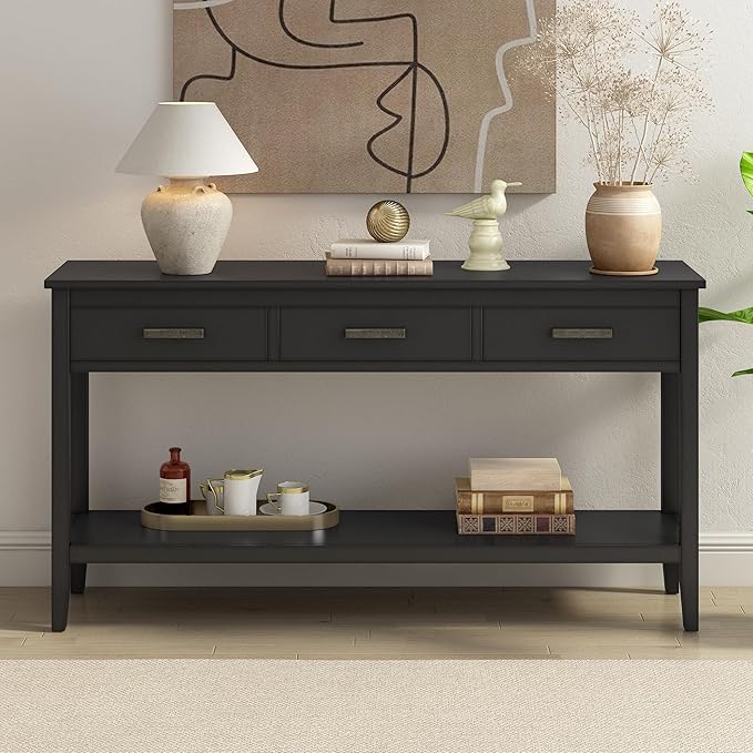 Merax Entryway Console Table with Storage, 3 Drawers Design/Wood Frame/Behind Couch & Sofa, Black