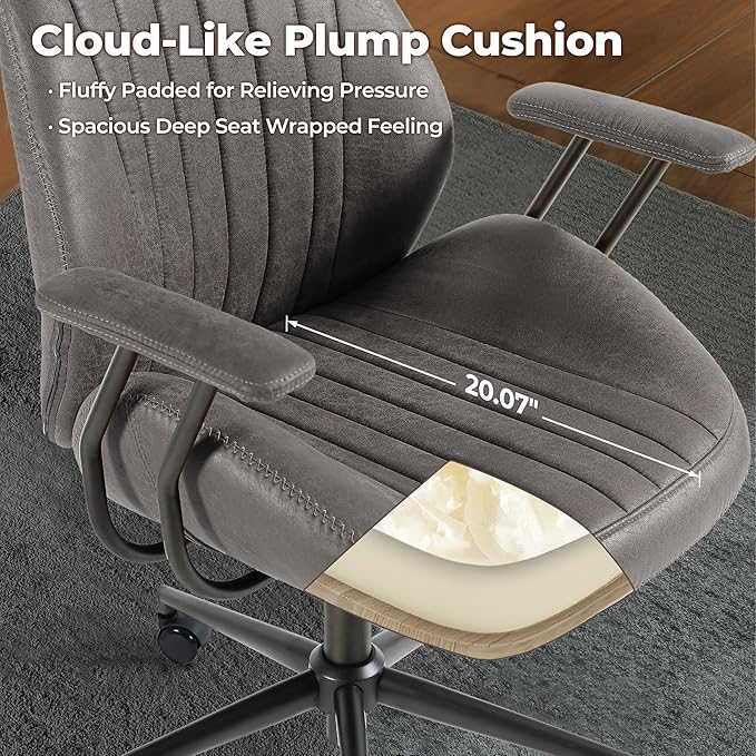 ovios Home Office Chair, Mid-Century Modern Faux Suede Leather Ergonomic Chairs, High Back Comfy Computer Swivel Rolling Task Executive Armchair, Grey