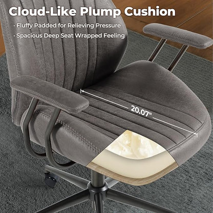 ovios Home Office Chair, Mid-Century Modern Faux Suede Leather Ergonomic Chairs, High Back Comfy Computer Swivel Rolling Task Executive Armchair, Grey