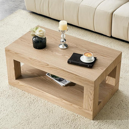 LKTART 39.37" Coffee Table with Storage, 2-Tier Mid Century Rectangular Accent Table with Thick Tabletop, Rustic Style Cocktail, Center Table for Living Room, Office, Apartment (Natural)