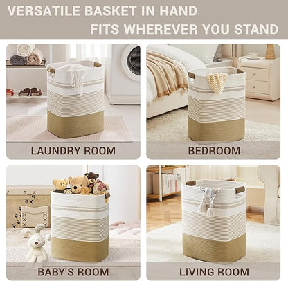 SunNewt 85L Tall Laundry Hamper with Handles for Living Room Storage, Extra Large Woven Rope Baskets Bin for Blanket, Kids Toy, Gifts, Wicker Hamper for Bedroom Dirty Clothes, 17"x14"x22" Khaki