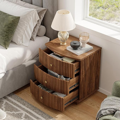 Dresser for Bedroom,3-Drawer Dresser, Mondern Wide Chest of Drawers with Fluted & Curved Design, Large Storage Chest for Bedroom, End Table for Living Rooms, （Walnut）