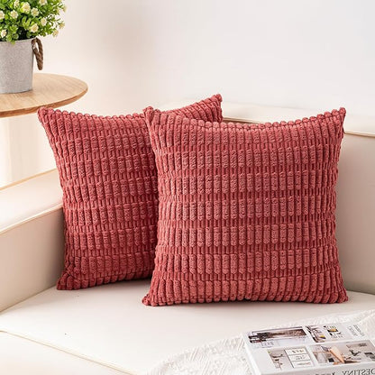 Aegero Pack of 2 Corduroy Decorative Throw Pillow Covers 18x18 InchSoft Boho Striped Pillow Covers Modern Farmhouse Home Decor for Sofa Living Room Couch Bed（Cranberry Red）