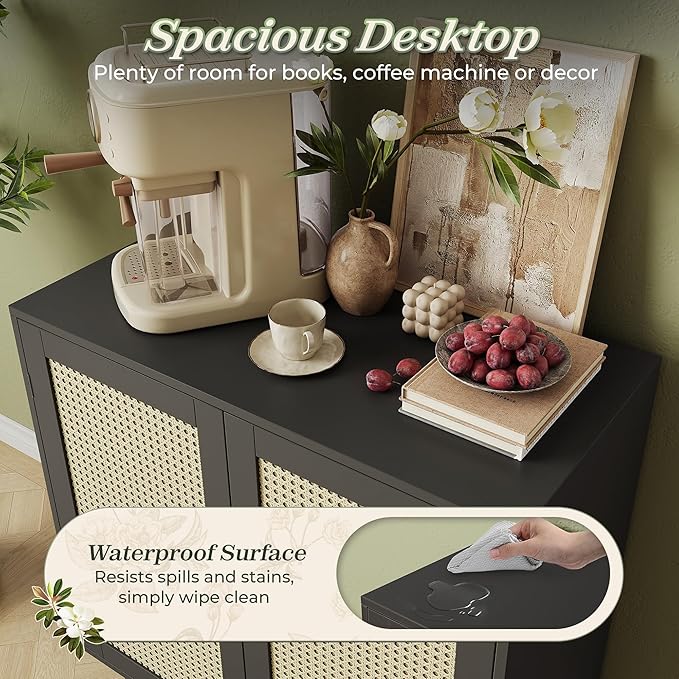 Huuger Buffet Cabinet with Storage, Storage Cabinet with Synthetic Rattan Decor Doors, Solid Wood Feet, for Hallway, Entry, Living Room, Black